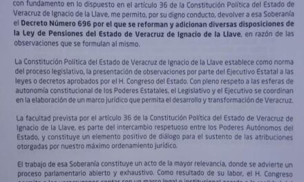 El Gobernador Yunes envió al Congreso observaciones a la Ley del Instituto de Pensiones del Estado