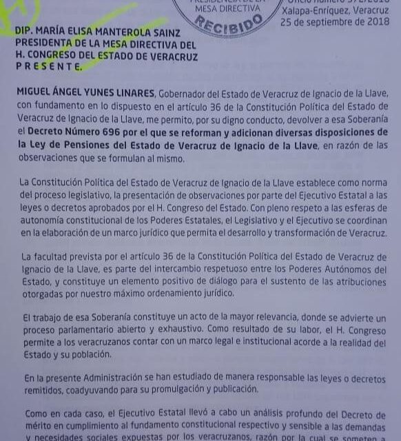 El Gobernador Yunes envió al Congreso observaciones a la Ley del Instituto de Pensiones del Estado
