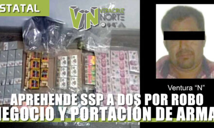 Aprehende SSP a dos por robo a negocio y portación de arma de fuego